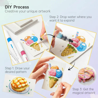 Hand holding Creative Texture Art Pen, actively applying texture to a model landscape, enhancing creative play