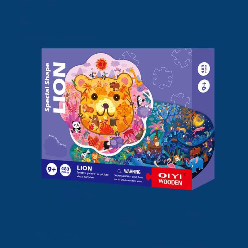 Close-up of a wooden animal jigsaw puzzle piece, part of an educational lion-themed toy