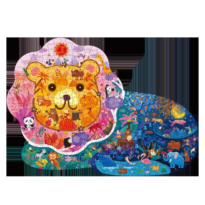 Colorful wooden animal jigsaw puzzle in a dinosaur shape, an engaging educational toy for kids