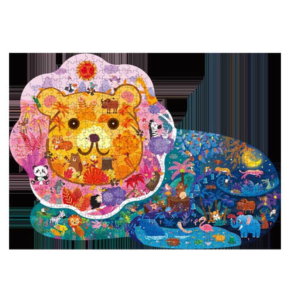 Colorful wooden animal jigsaw puzzle in a dinosaur shape, an engaging educational toy for kids