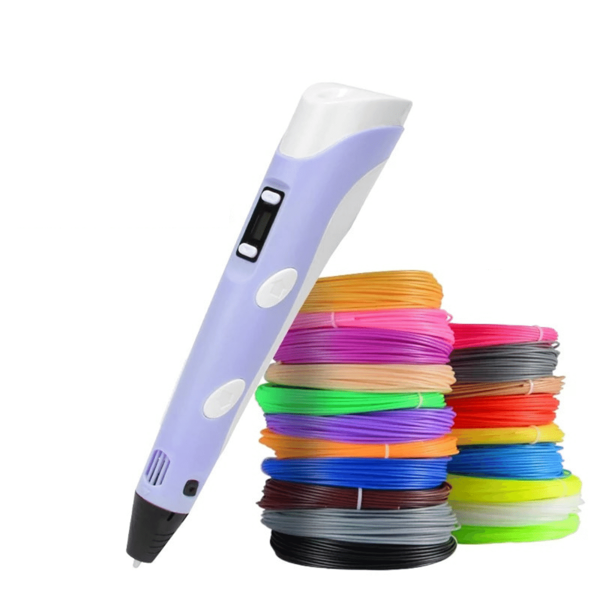 Creative yellow 3D drawing pen creating a blue filament sculpture, engaging artistic kids