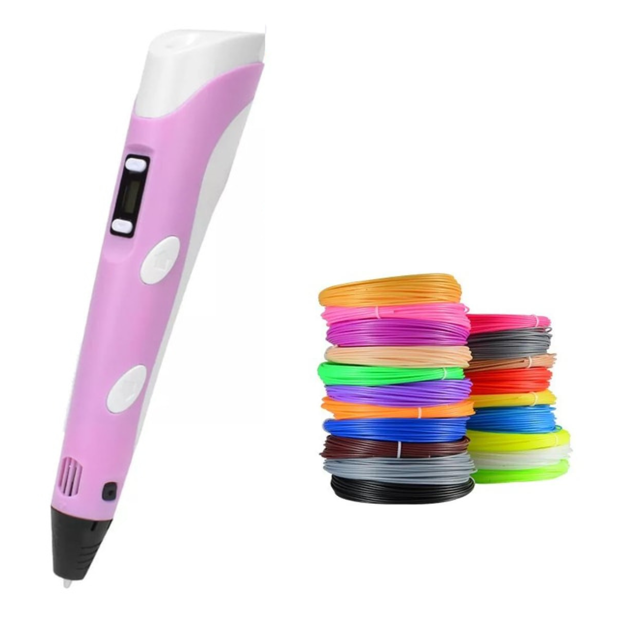 Creative 3D drawing pen kit for kids, including various filament colors and stencils for art projects