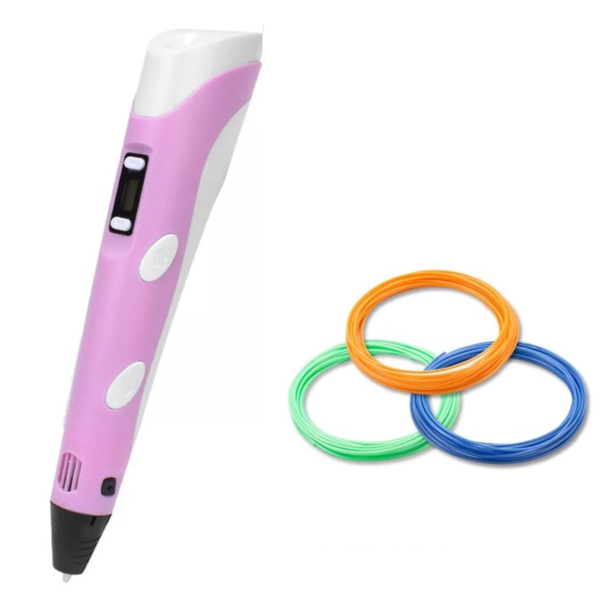 Ergonomic purple 3D drawing pen alongside a power adapter, ready for creative children's crafts