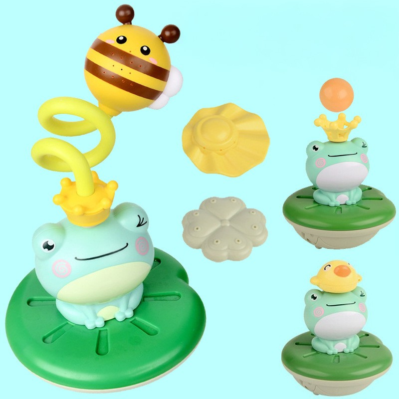 Crowned green frog bath sprinkler toy for kids, ideal for interactive water play and developmental fun.