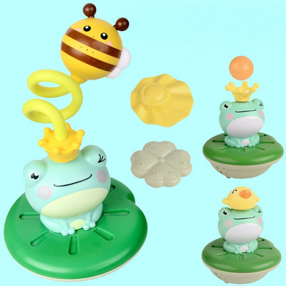 Crowned green frog bath sprinkler toy for kids, ideal for interactive water play and developmental fun.