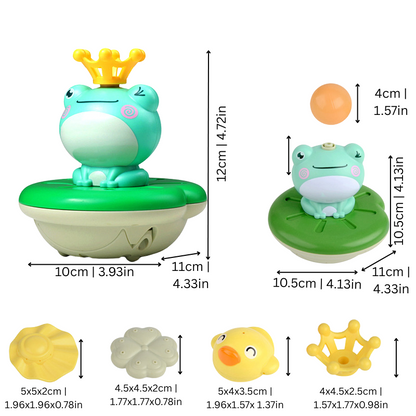 Toddler holding a cute crowned frog bath sprinkler, perfect for engaging baby bath time and water fun.