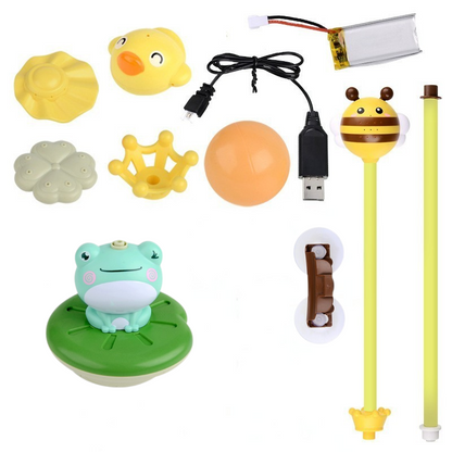 Close-up of the enchanting crowned frog bath toy, spraying water as a fun and developmental sprinkler.
