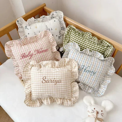 Custom baby name pillow with ruffles, soft cotton, personalized nursery decor