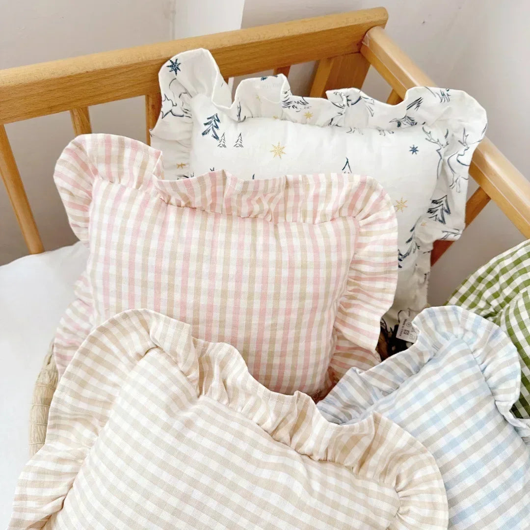 Personalized infant cushion with ruffle detail, 'Noah' custom stitched, baby gift