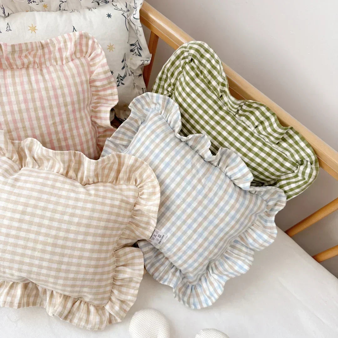 Childrens room decor: custom name pillow with elegant ruffle trim, cotton fabric