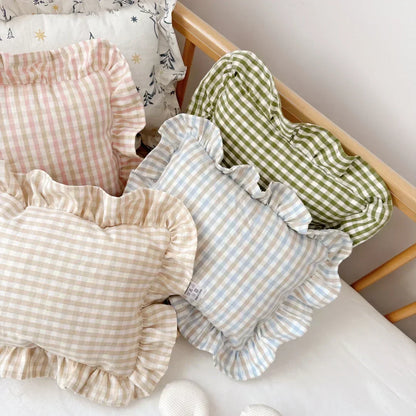 Childrens room decor: custom name pillow with elegant ruffle trim, cotton fabric