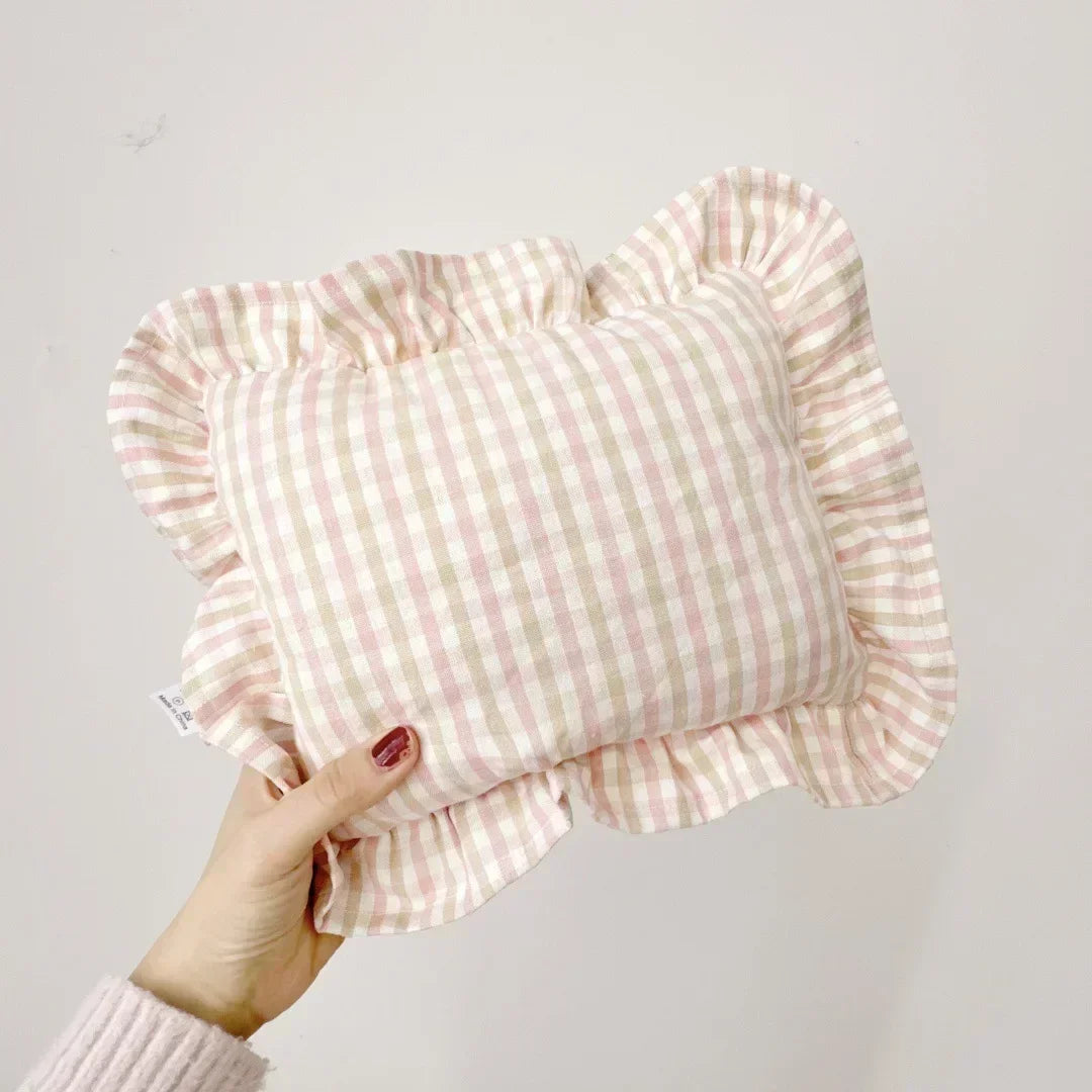 Baby essential: custom personalized pillow with ruffles, perfect for baby's crib