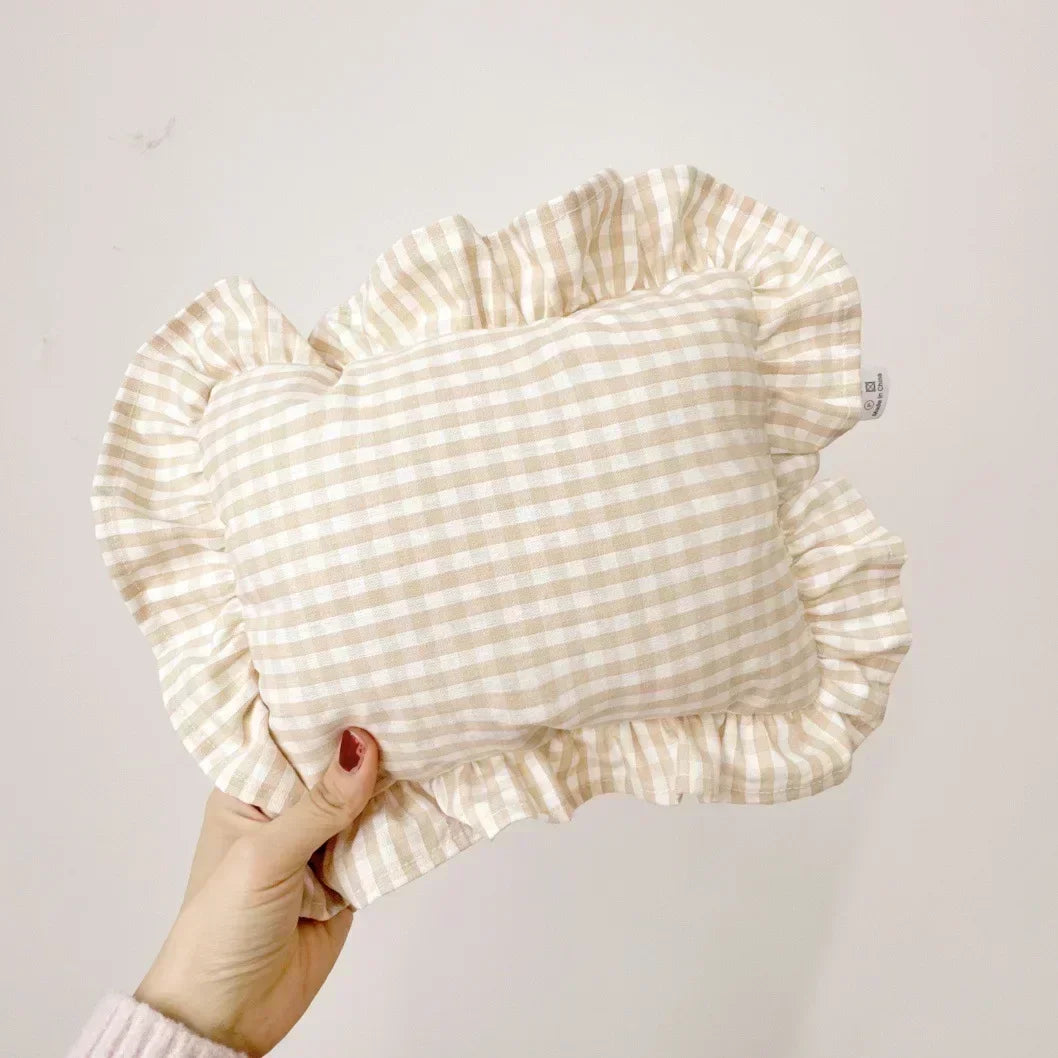 Ruffle accent baby pillow with custom name, 'Sophia', gentle cotton texture