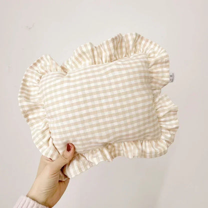 Ruffle accent baby pillow with custom name, 'Sophia', gentle cotton texture