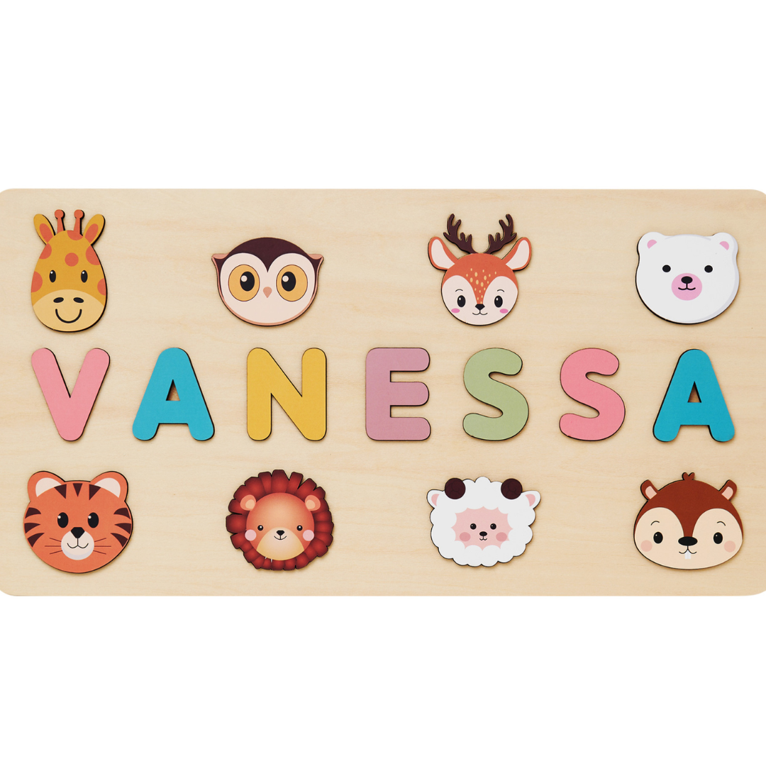 Wooden jigsaw letters scattered, ready to be assembled into a child's name puzzle, educational