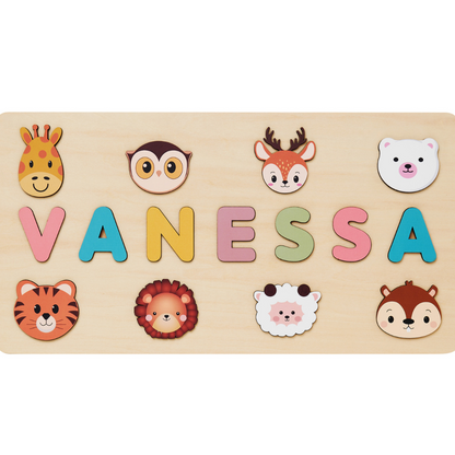 Wooden jigsaw letters scattered, ready to be assembled into a child's name puzzle, educational
