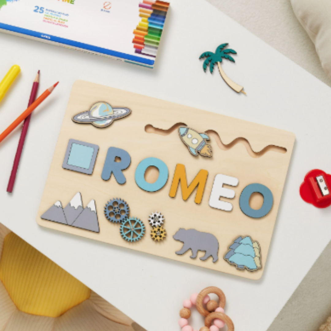 Personalized wooden name puzzle for baby's nursery decor, also an educational play item