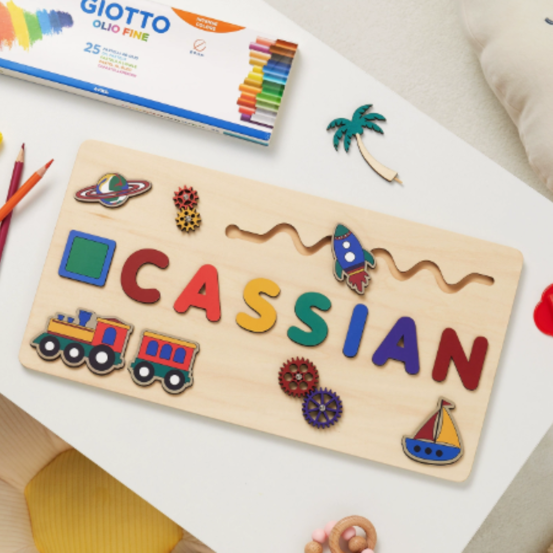 Custom wooden name puzzle featuring a specific child's name, ideal for preschoolers