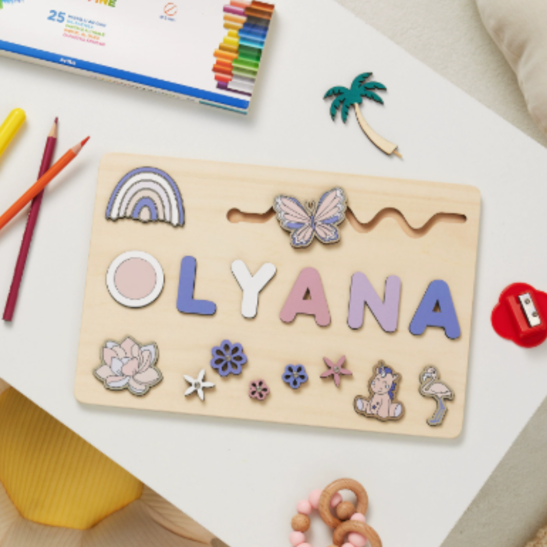 Durable wooden name puzzle, handcrafted for young children, promoting cognitive development