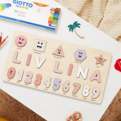 Child proudly showing their completed custom wooden name puzzle, developmental milestone