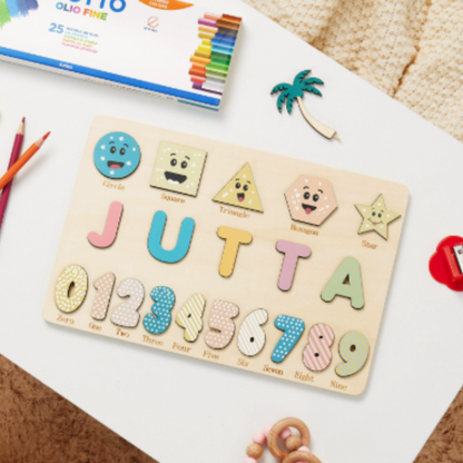 Wooden learning toy: a personalized name puzzle with chunky letters for easy grasping