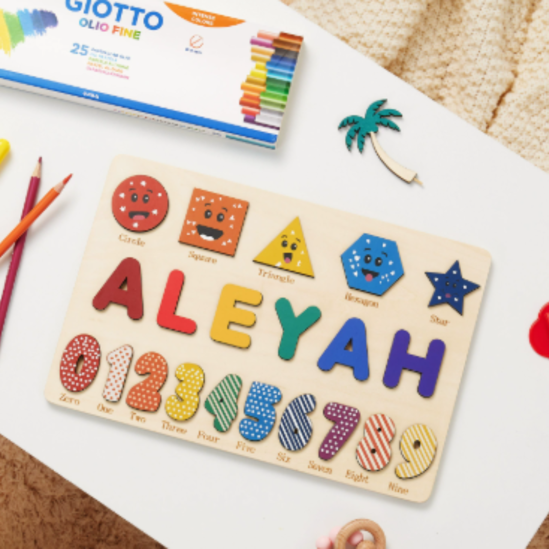 Custom wooden name puzzle on a playmat, an engaging activity for independent learning