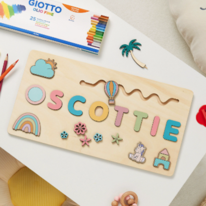 Educational wooden name puzzle for kids, promoting letter recognition and spelling in toddlers