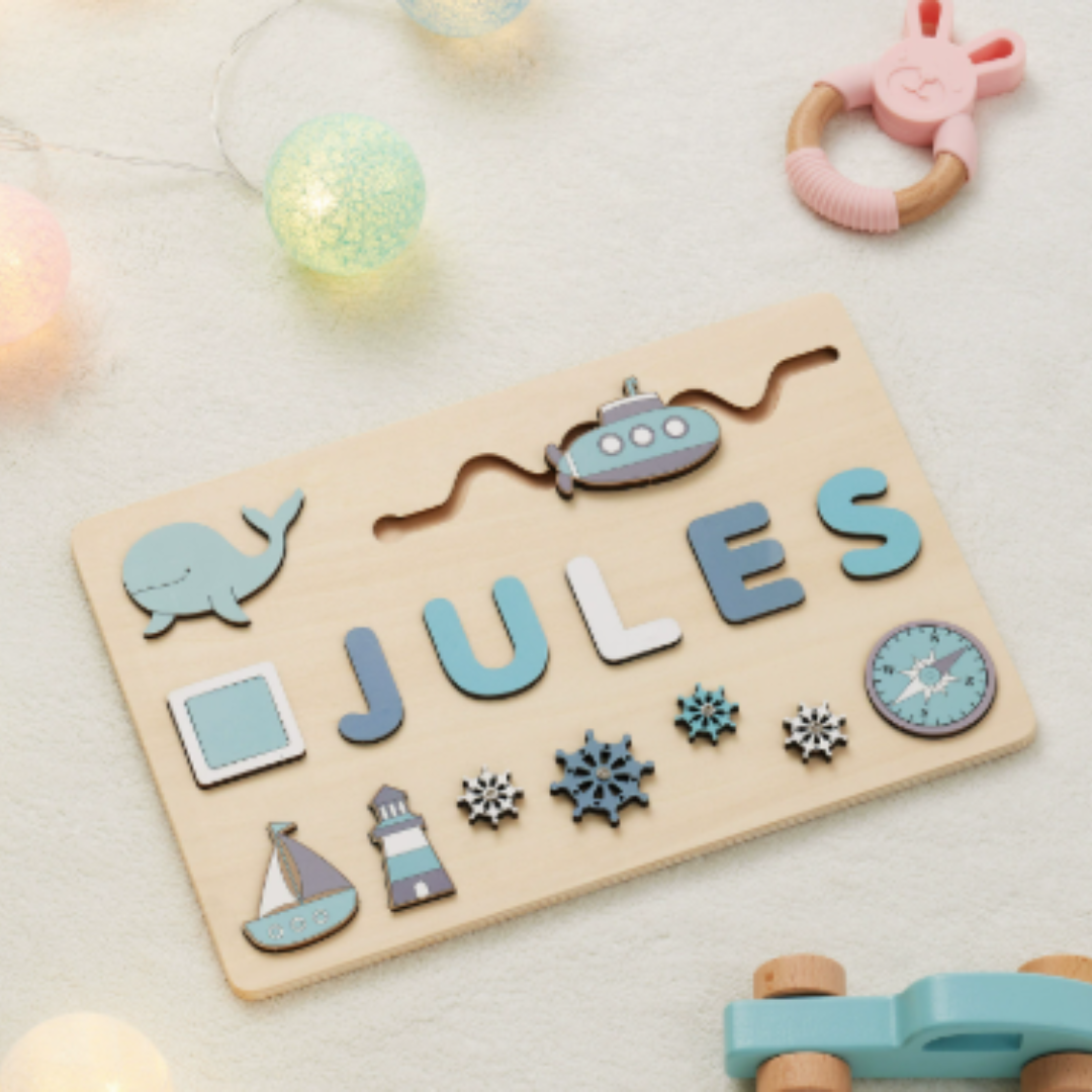Hand-finished wooden name puzzle, custom-made for children's early education and play