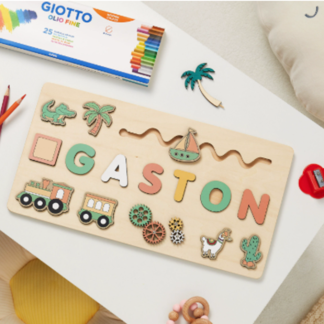 Custom wooden name puzzle with various color options, a charming and educational toddler gift
