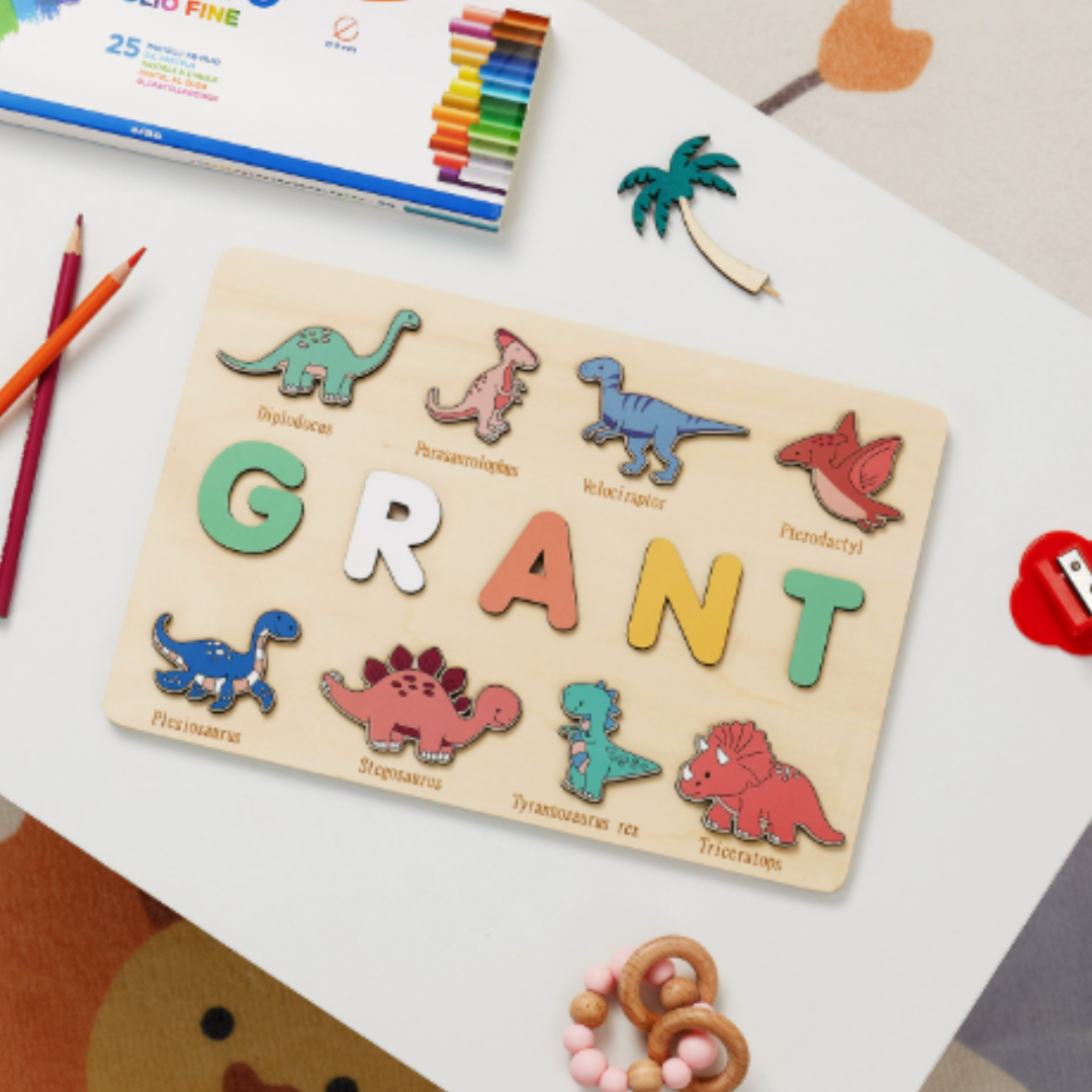 A stack of custom wooden name puzzle pieces, ready for a child to learn and play with