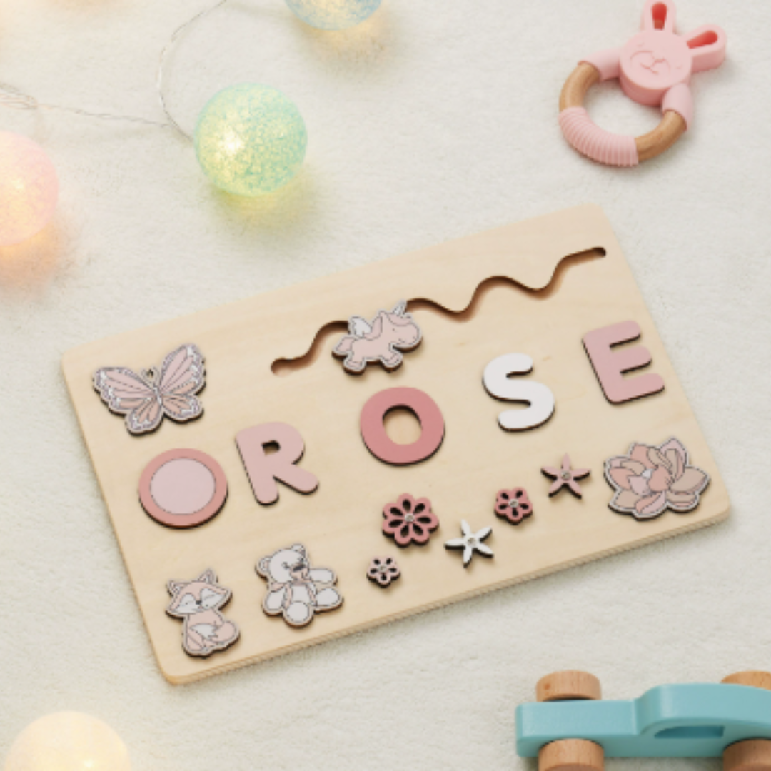Personalized wooden jigsaw name puzzle, an heirloom quality educational toy for young learners