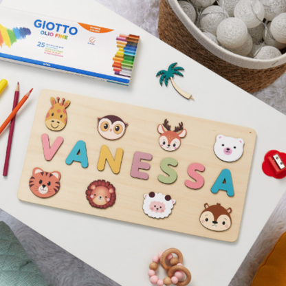 Unisex custom wooden name puzzle, designed to teach letter sequencing and spatial reasoning to kids