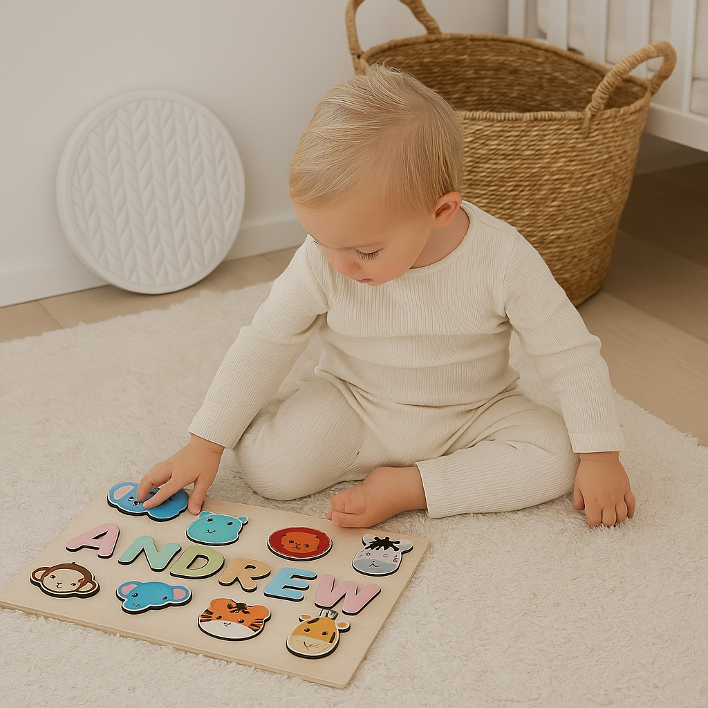 Brightly colored custom wooden name puzzle, an engaging educational toy for kids' learning