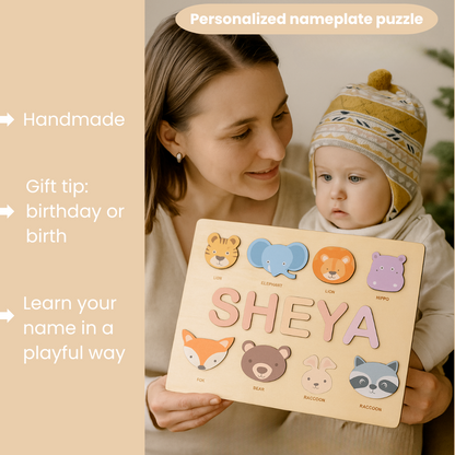 Individual wooden letters forming a child's name puzzle, promoting early recognition skills