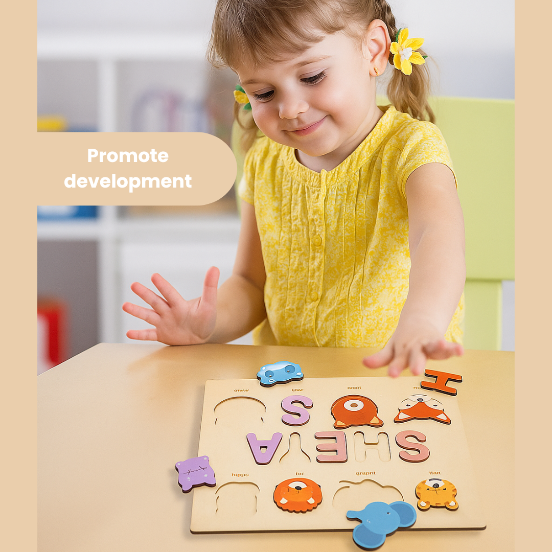 Close-up of a custom wooden name puzzle, showcasing smooth edges and vibrant non-toxic paint