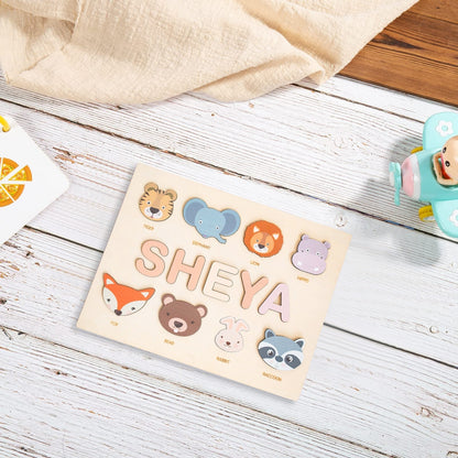 Child's hands playing with a personalized wooden name puzzle, enhancing fine motor skills