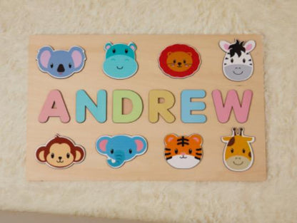 Custom wooden alphabet puzzle for kids, personalized with child's name, Montessori style toy