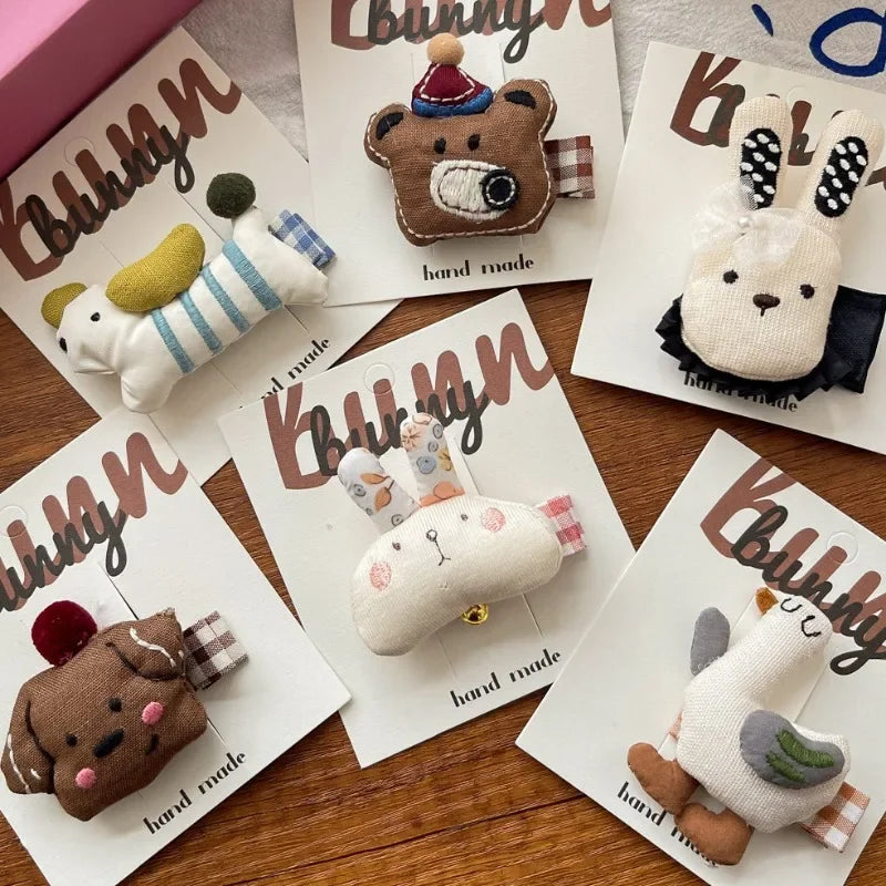 Cute bunny & dog plush fabric hair clips for toddlers, 10-pack set.