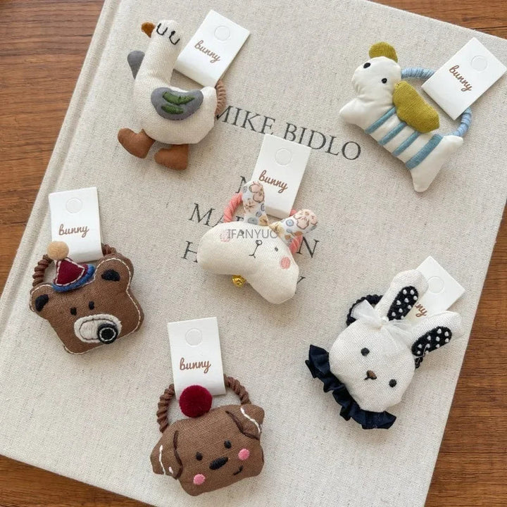 Sweet girls' animal hair ties & clips, 10-piece fabric set for kids.