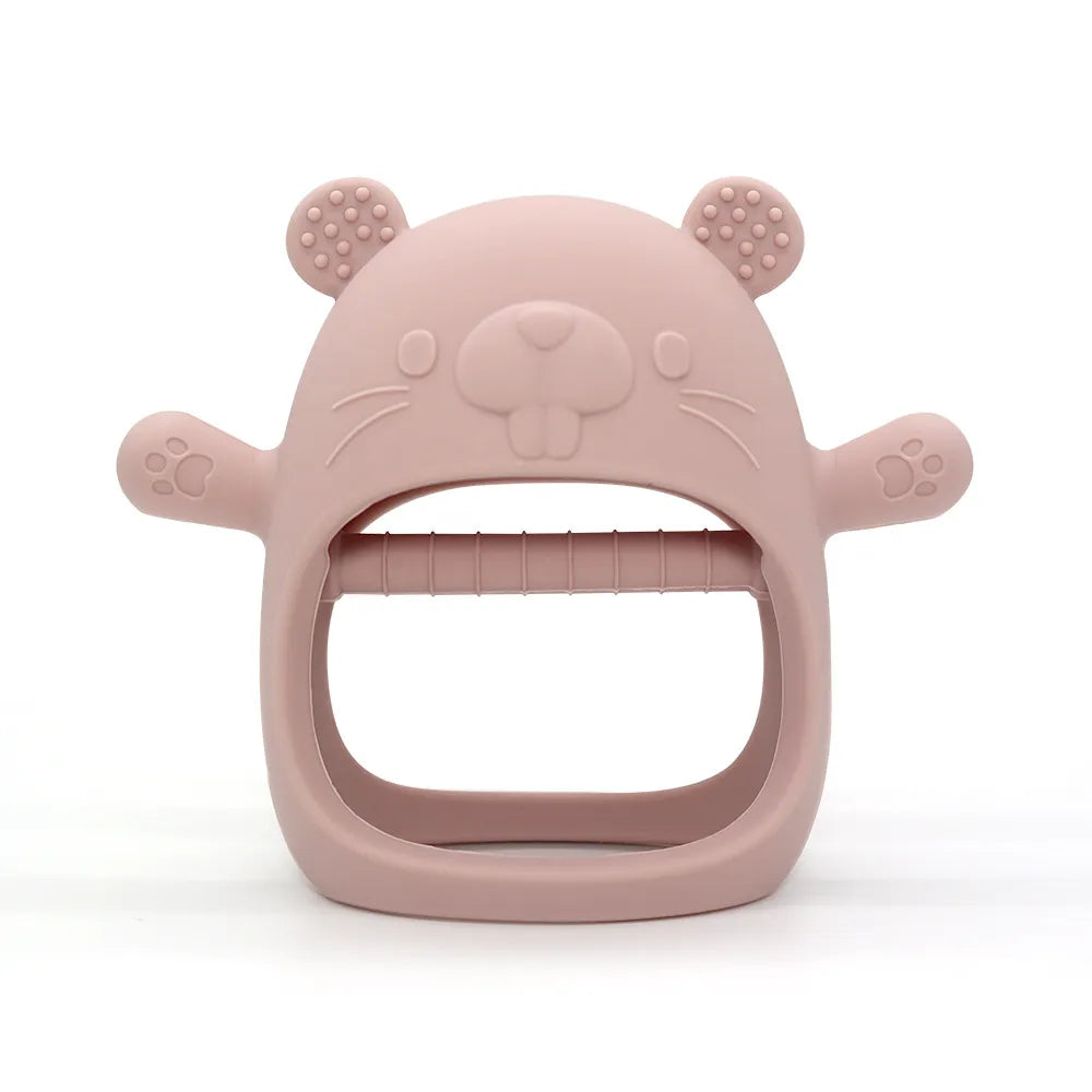 Close-up of animal silicone baby teether bracelet texture, safe for infants