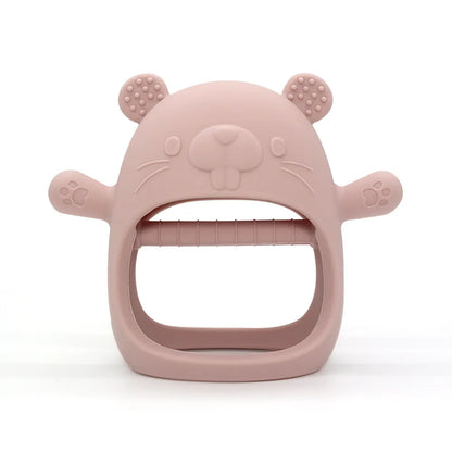 Close-up of animal silicone baby teether bracelet texture, safe for infants