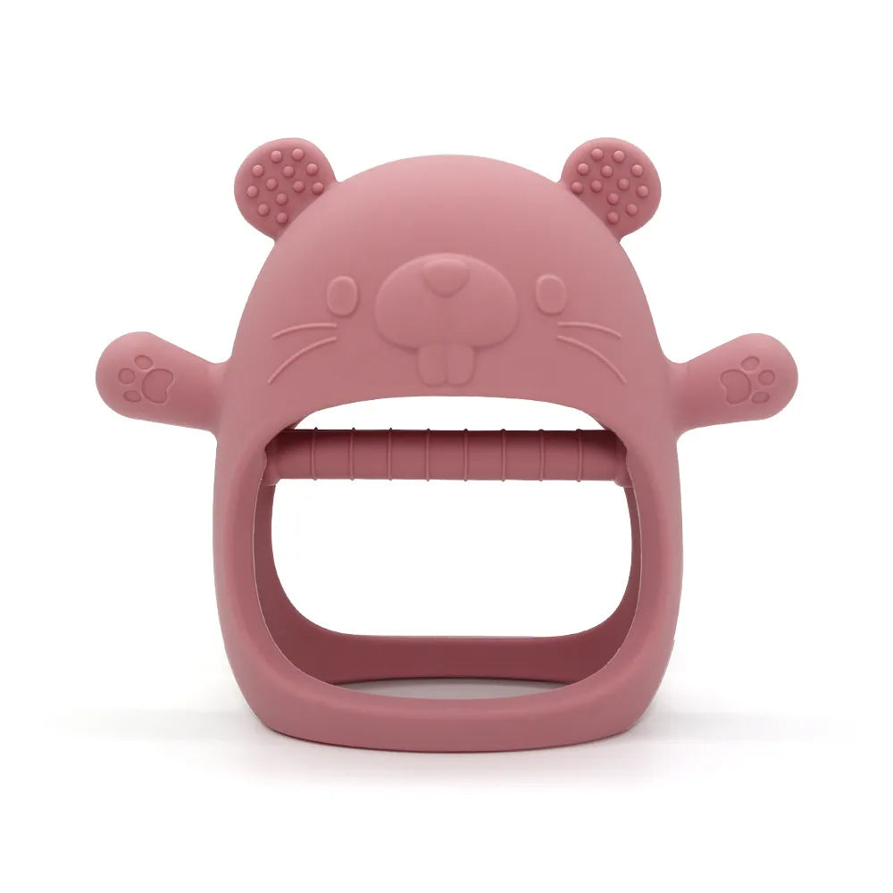 Baby's hand holding a cute animal silicone teether bracelet for teething