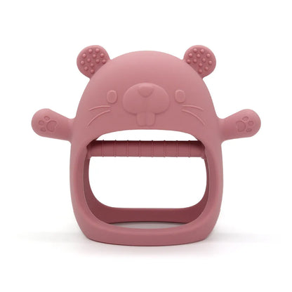 Baby's hand holding a cute animal silicone teether bracelet for teething