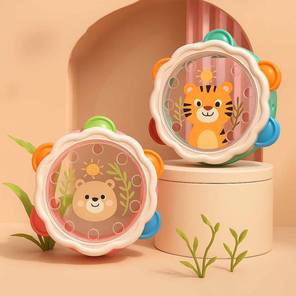 Cute baby animal-face tambourine toy for infants 0-3 years, promoting early learning & rhythm skills.
