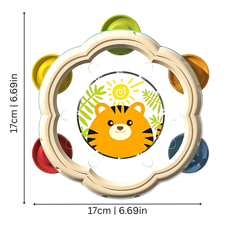 Vibrant infant tambourine with animal face, a musical toy for baby's sensory play and motor skill development.