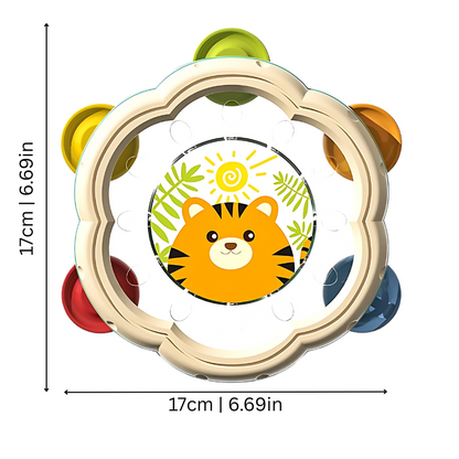 Vibrant infant tambourine with animal face, a musical toy for baby's sensory play and motor skill development.