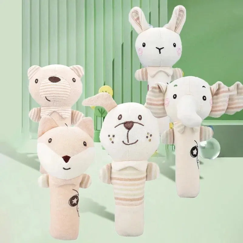 Cute baby animal hand shaker rattle toy for sensory development, soft plush.