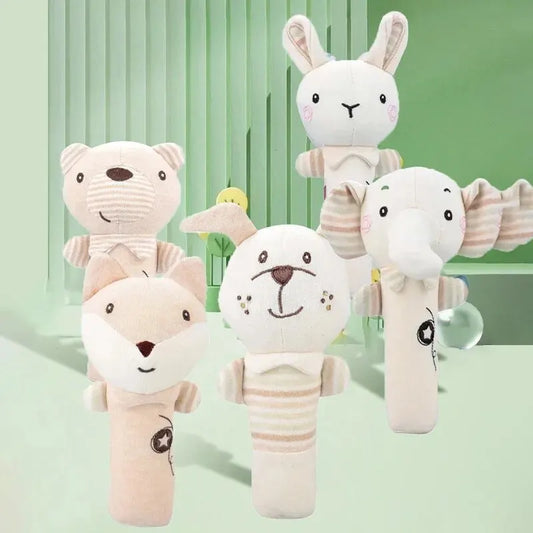 Cute baby animal hand shaker rattle toy for sensory development, soft plush.