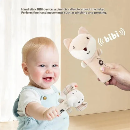 Soft plush baby animal hand shaker rattle for gentle play and sensory growth.
