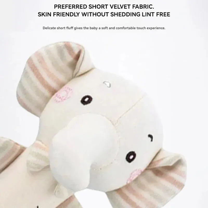 Adorable baby animal hand shaker rattle for tactile and auditory stimulation.